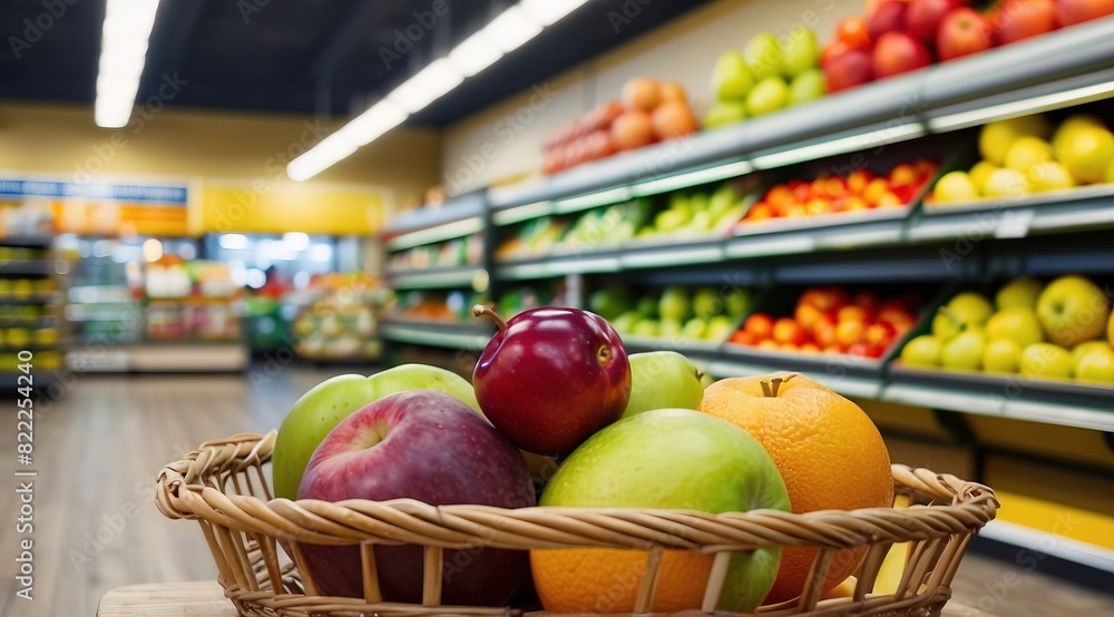 Fruit in a shopping basket on supermarket background