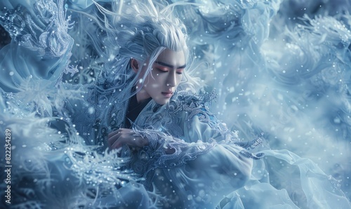 A portrait of young man with long hair on flowing ice background  fantasy or magic concept