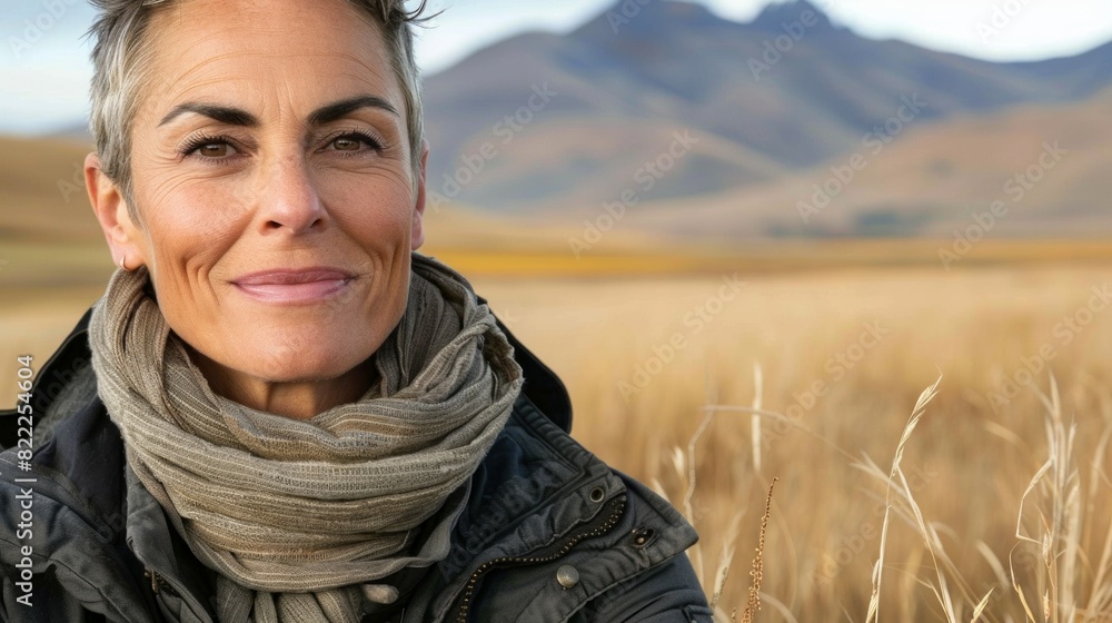 Smiling mature woman with short gray hair, autumn field portrait. happiness after defeating cancer and chemotherapy Smiling mature woman with short gray hair, autumn field portrait. happiness after defeating cancer and chemotherapy