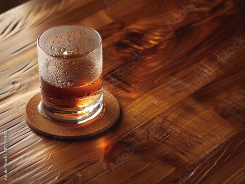 A glass of whiskey on a wooden coaster, with condensation forming on the outside of the glass.