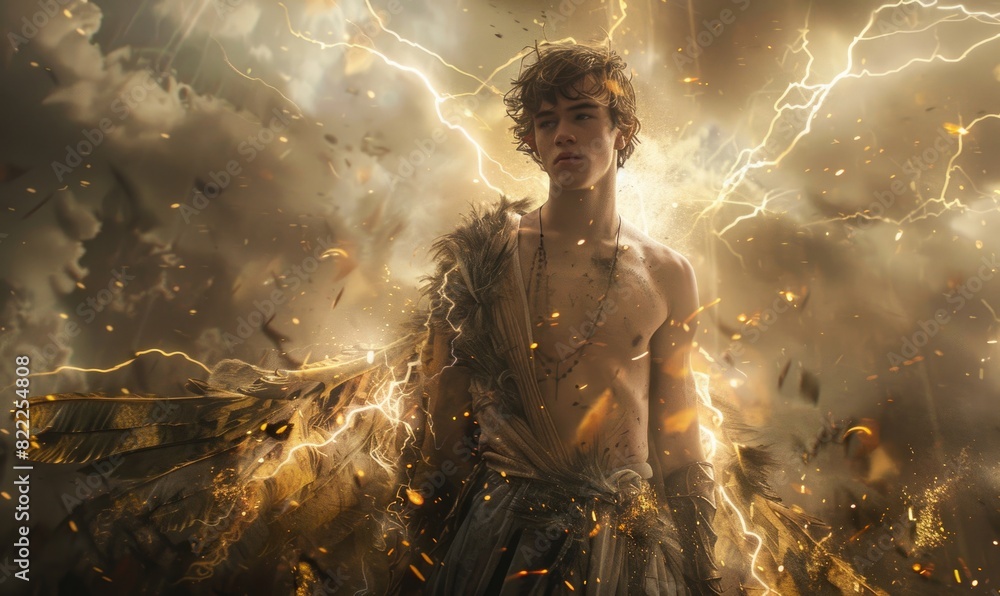 Naklejka premium Portrait of a young man adorned in majestic elven garb, his form wreathed in arcs of lightning and the resounding boom of thunder