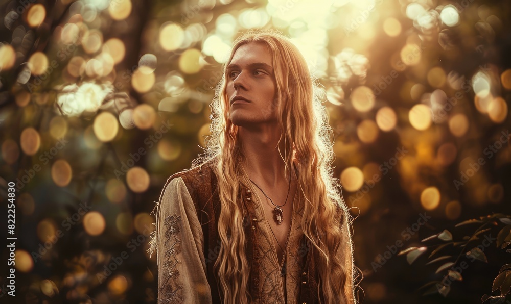 Portrait of a young man in ethnic elven attire with long blonde hair in a forest setting with bokeh light background Portrait of a young man in ethnic elven attire with long blonde hair in a forest setting with bokeh light background
