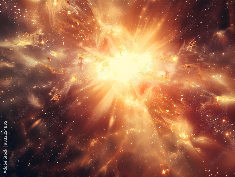 Fototapeta premium Vibrant Cosmic Explosion Radiant Supernova Burst with Fiery Golden and Orange Hues, Swirling Clouds of Illuminated Gas and Dust in Vast Dark Space Backdrop with Countless Stars - Awe-Inspiring