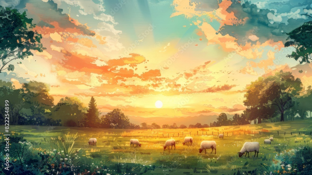 The image is of a beautiful landscape with a meadow, trees, and a river. The sky is a gradient of orange, yellow, pink, and blue. The image is peaceful and serene. The image is of a beautiful landscape with a meadow, trees, and a river. The sky is a gradient of orange, yellow, pink, and blue. The image is peaceful and serene.