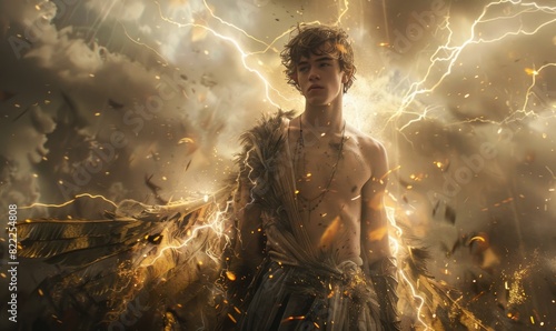 Portrait of a young man adorned in majestic elven garb, his form wreathed in arcs of lightning and the resounding boom of thunder