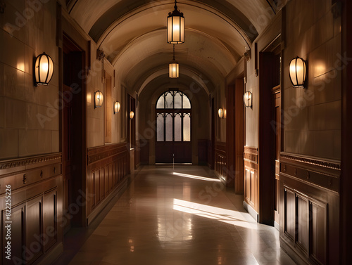 Luxurious Historical Hallway with Arched Ceiling and Ornate Architectural Details  Warm Lantern Lighting  Reflective Floor  and Inviting  Serene Atmosphere in Classic Design  Featuring Arched Window