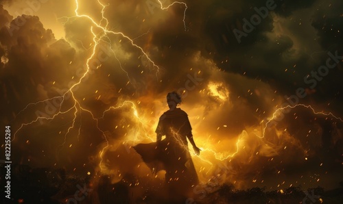 Fantasy background with silhouette of the person illuminated by thunder lighting