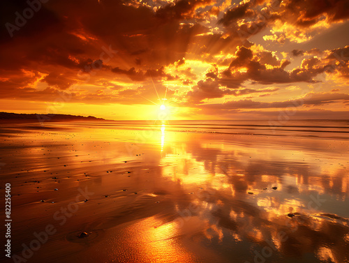 Majestic Golden Sunset Over Tranquil Beach with Vivid Orange Sky and Reflective Wet Sand Captivating Seascape with Sun Rays, Clouds, and Serene Ocean Elevating Peaceful Ambiance and Natural Beauty