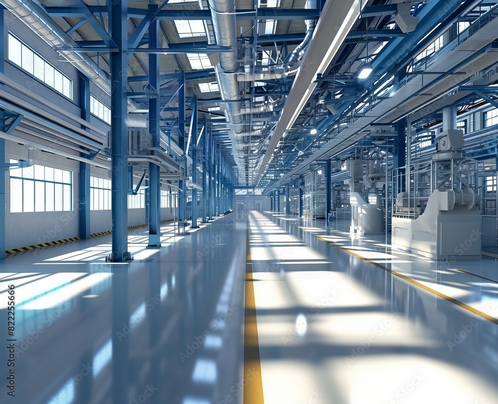 Obraz premium Industrial zone Interior of factory building Steel pipelines and cables in blue tones