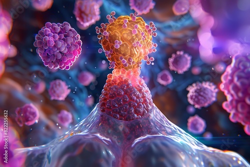 An AI diagram illustrating thyroid cancer, featuring close-up views of tumors and cancer cells.