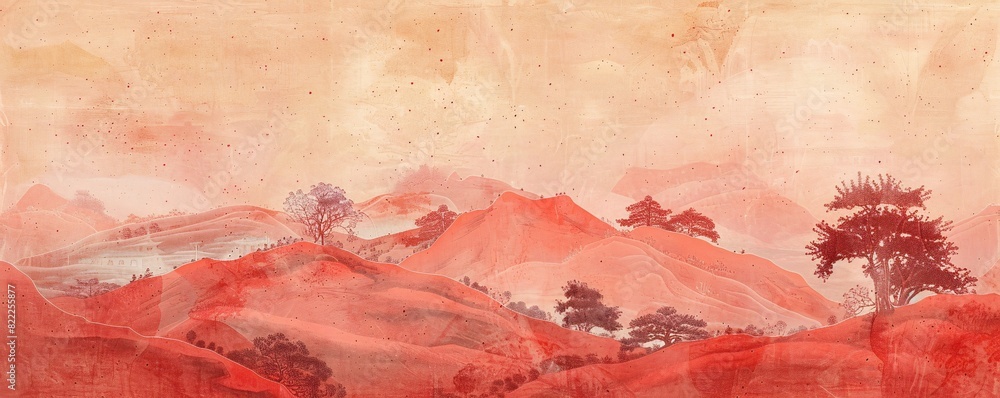 Fototapeta premium A traditional Chinese painting of a red landscape, depicting hills and trees on textured paper. AI-generated artwork.