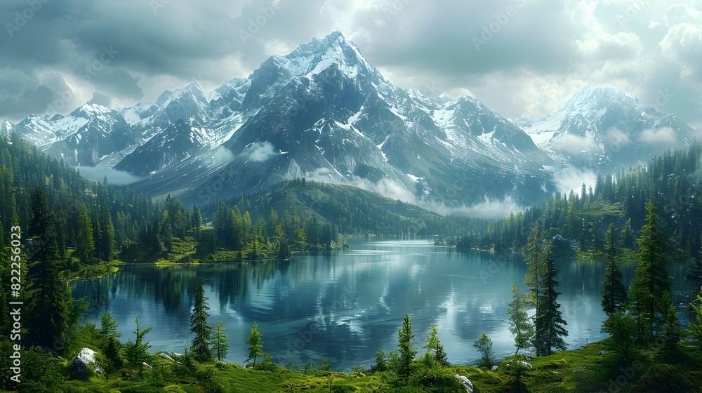 Majestic Panorama of Snow Capped Peaks Pristine Alpine Lake and Dramatic Stormy Skies in Cinematic Romantic Landscape
