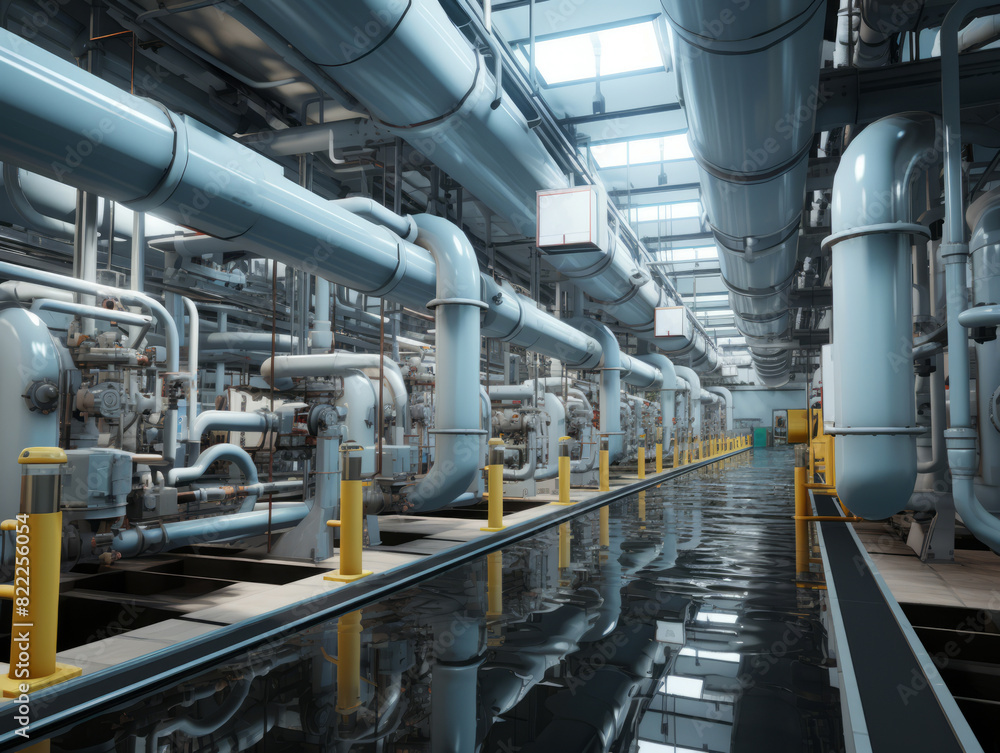 Industrial zone Interior of factory building Steel pipelines and cables in blue tones Industrial zone Interior of factory building Steel pipelines and cables in blue tones