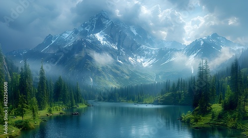 Majestic Mountain Panorama with Pristine Alpine Lake and Dramatic Stormy Skies © KICKINN.AI