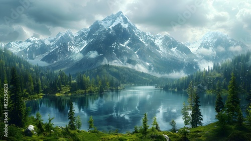 Majestic Panorama of Snow Capped Peaks Pristine Alpine Lake and Dramatic Stormy Skies in Cinematic Romantic Landscape © KICKINN.AI