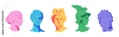 Greek aesthetic sculpture set. Ancient statues 2000s stickers, head silhouettes design elements. Trtendy y2k creative antique characters. Vector illustration 