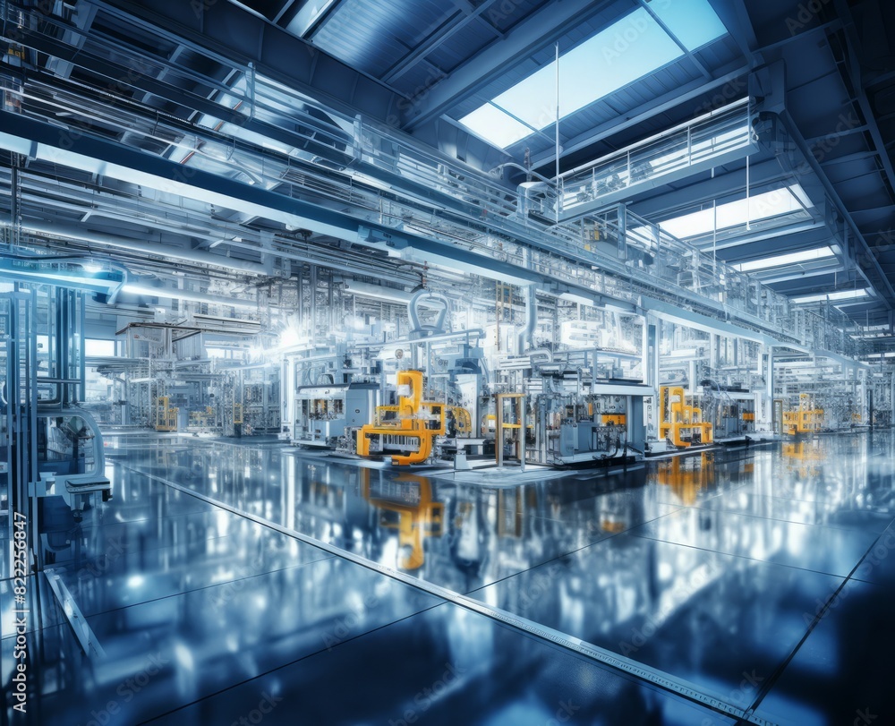 Fototapeta premium Industrial zone Interior of factory building Steel pipelines and cables in blue tones