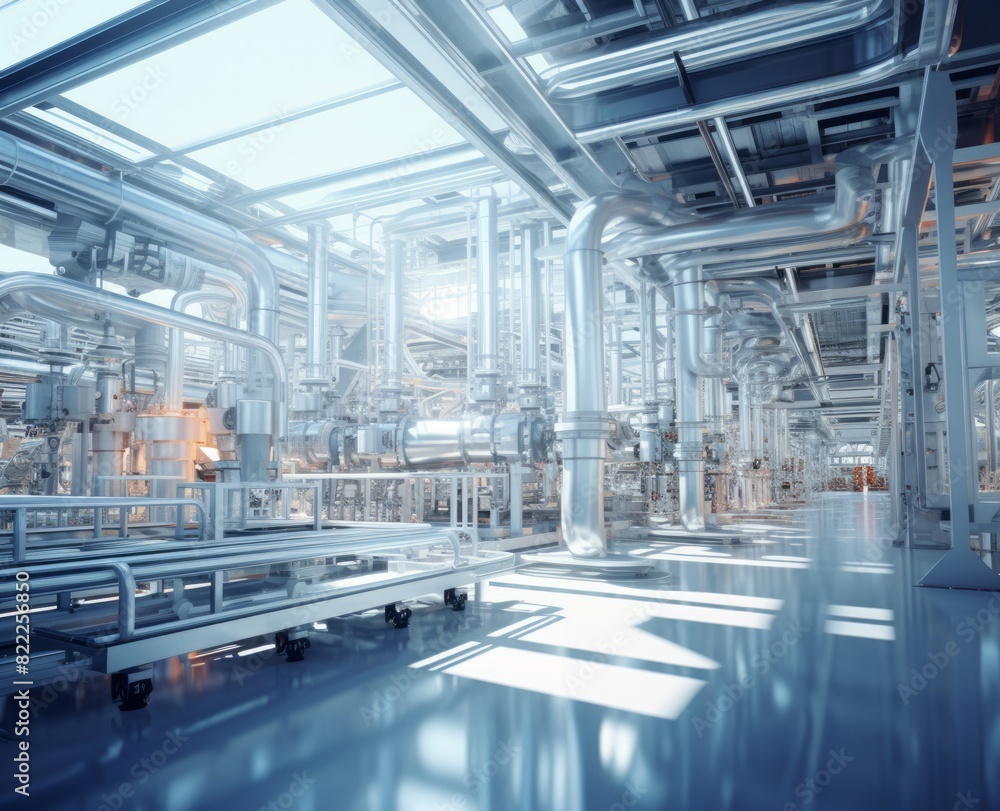 Fototapeta premium Industrial zone Interior of factory building Steel pipelines and cables in blue tones