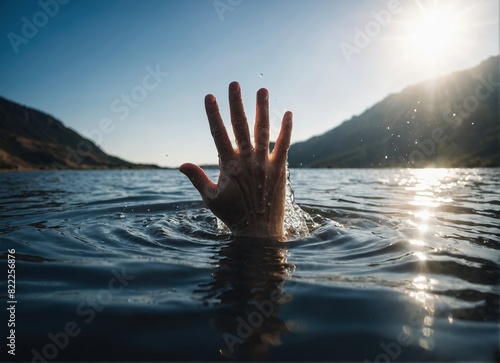 Hand emerging from the sea. Worship and Baptism photo