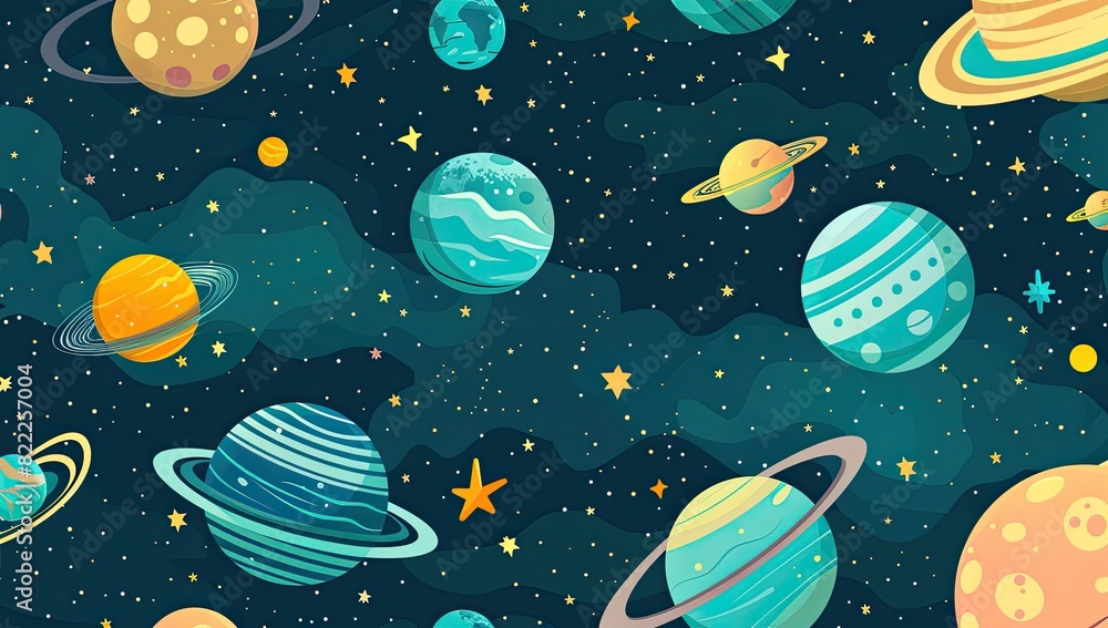 Colorful Space Pattern with Planets and Stars Colorful Space Pattern with Planets and Stars