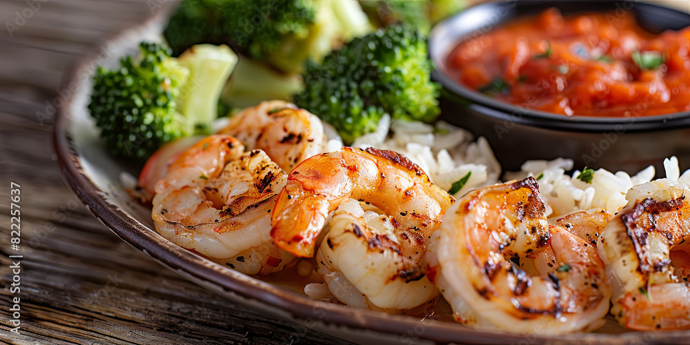 perfectly grilled shrimp with delicious buttery rice on the side, generative AI perfectly grilled shrimp with delicious buttery rice on the side, generative AI
