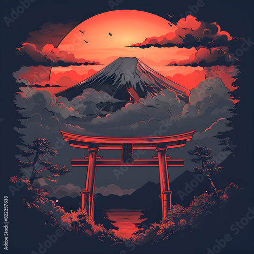 A dramatic and serene scene with a red Japanese torii gate standing in calm water, framed by a stunning snow-capped mountain in the background. Sky in red and orange hues. Gen AI