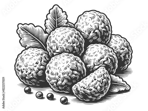 meatballs sketch engraving generative ai vector illustration. Scratch board imitation. Black and white image.