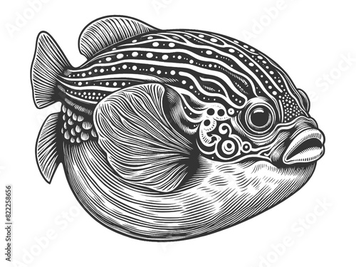 Fugu fish sketch engraving generative ai vector illustration. Scratch board imitation. Black and white image.