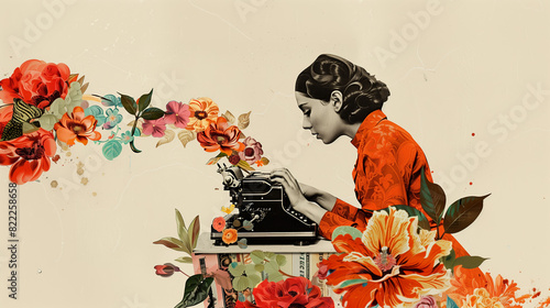 Art of a girl typing on a typewriter surrounded by flowers. Digital illustration: writer, secretary, copywriter, marketer.