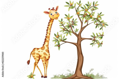 An adorable giraffe with a big smile stretches its long neck to reach the leaves on a tall tree in this charming illustration on a clear white background.