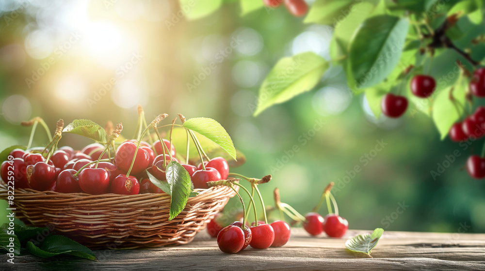 Tasty and fresh cherries in a basket on a wooden table green leaves on a garden background Tasty and fresh cherries in a basket on a wooden table green leaves on a garden background