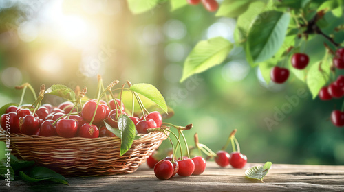 Tasty and fresh cherries in a basket on a wooden table green leaves on a garden background