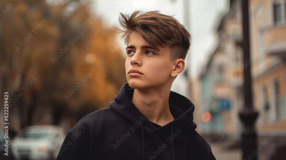 Fototapeta premium A teenage in black hoodie looking to camera in urban enviroment