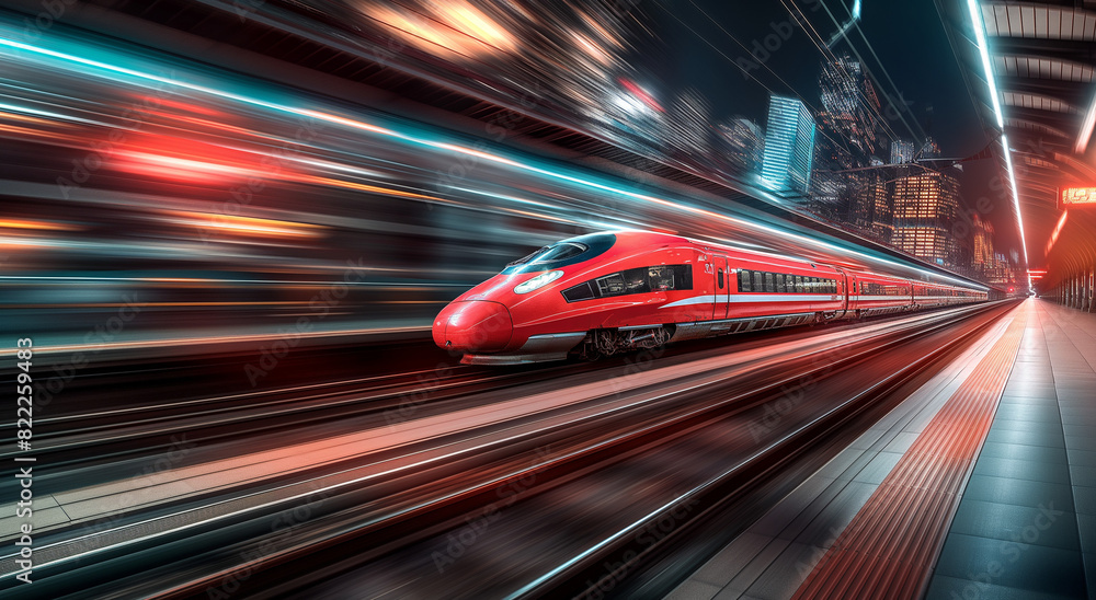 Ultra modern high-speed train in motion in the big city