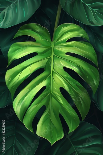 Beautiful close-up of a vibrant, lush green monstera leaf with a dark background, highlighting its unique pattern and natural beauty. photo