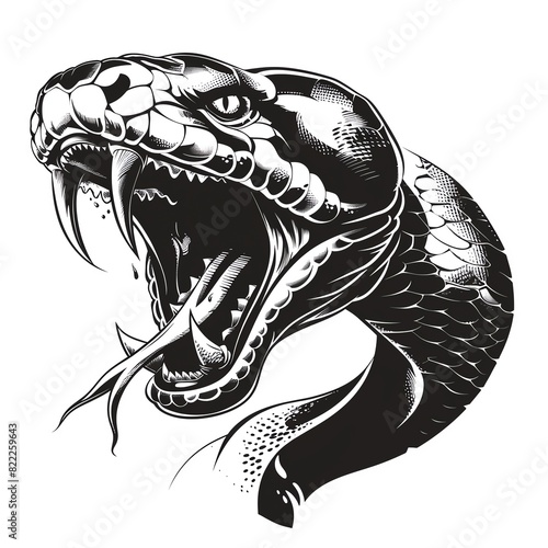 Black and white illustration of a fierce, open-mouthed snake with details. Perfect for tattoo design, art prints, and graphic projects.