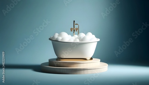 A minimalist setup featuring a freestanding bathtub on a wooden podium  filled with bubbles  against a serene blue background.