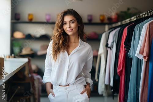 A stylish young woman in overalls and a white shirt, smiling confidently in her boutique The backdrop of colorful clothing and modern decor highlights her role as a successful fashion entrepreneur