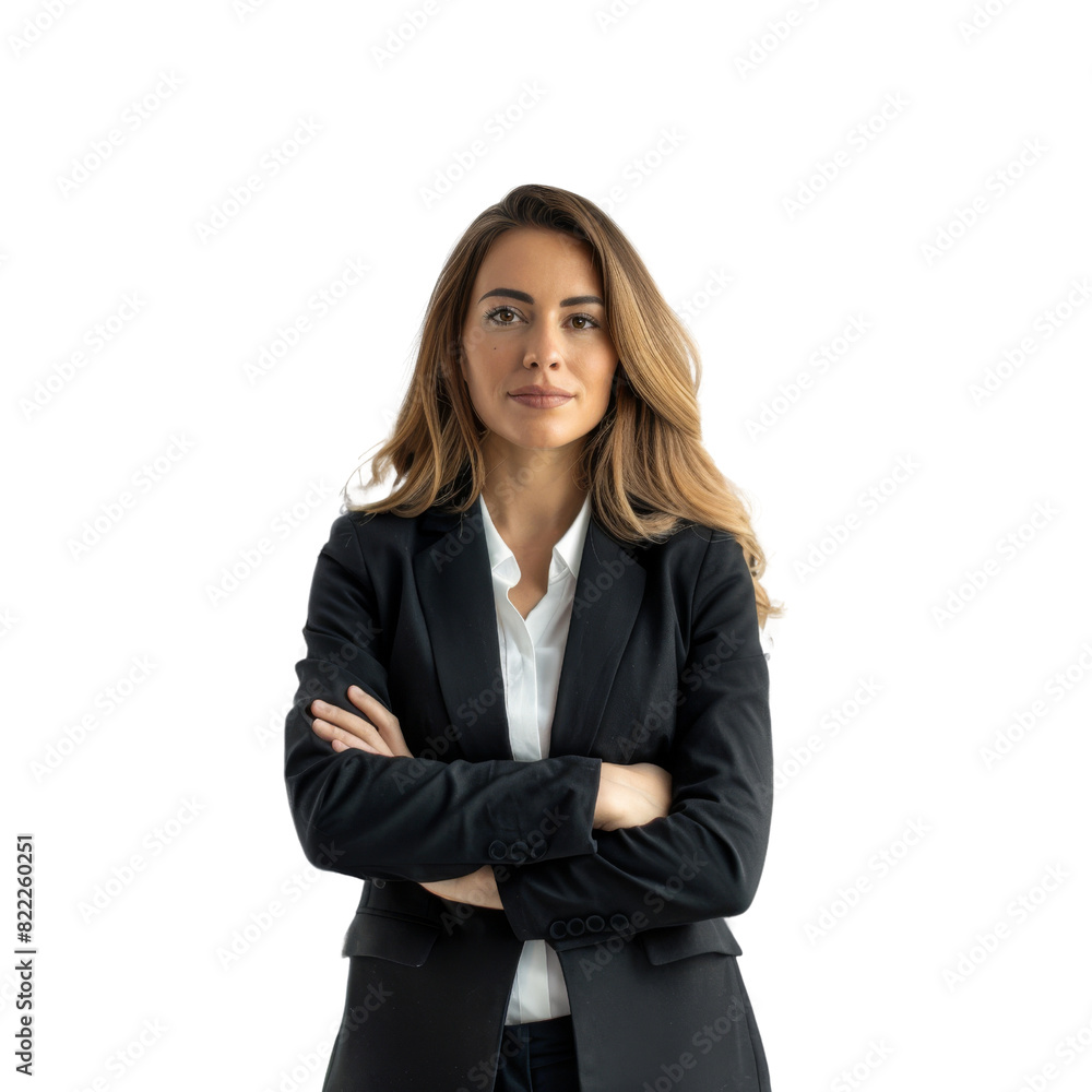 A woman in a business suit is standing with her arms crossed, isolated on transparent background A woman in a business suit is standing with her arms crossed, isolated on transparent background