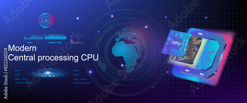 Powerful new generation stream processor. Cyber banner with CPU on futuristic background. Game processor for computer or laptop with an integrated graphics core. latest chip with holographic portal