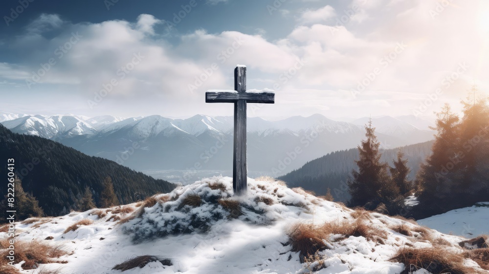 A wooden cross in the midst of a tranquil winter scene, with the white snow and distant blue mountains creating a calm and serene atmosphere A wooden cross in the midst of a tranquil winter scene, with the white snow and distant blue mountains creating a calm and serene atmosphere
