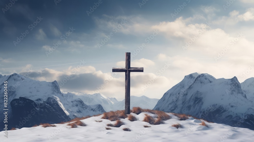 A wooden cross standing alone in the snow, with a backdrop of towering snowy mountains under a soft, cloudy sky, capturing the essence of winter and faith A wooden cross standing alone in the snow, with a backdrop of towering snowy mountains under a soft, cloudy sky, capturing the essence of winter and faith