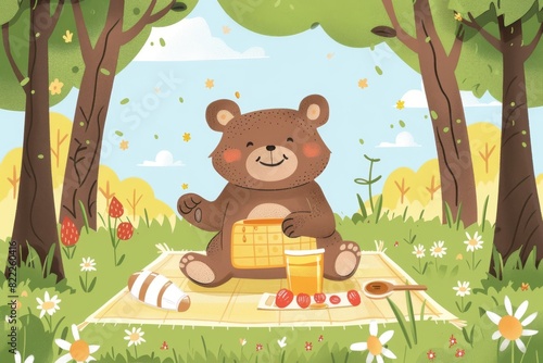 Join this adorable smiling bear for a delightful picnic filled with honey and happiness.