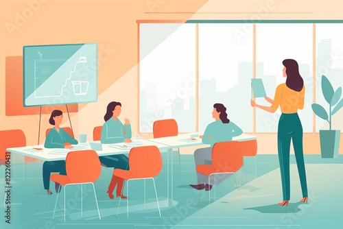 Illustration of a business meeting with a female speaker and team in a modern office with a presentation board and city view.