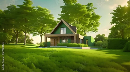 The image portrays a conceptual representation of a green home and environmentally friendly construction. It includes a house icon placed on a lush green lawn, with the sun shining overhead photo