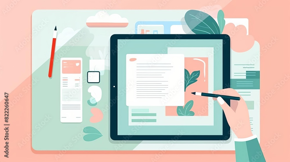 Flat lay illustration of digital tablet on desk with stylus, notebook, and office supplies in pastel colors. Flat lay illustration of digital tablet on desk with stylus, notebook, and office supplies in pastel colors.