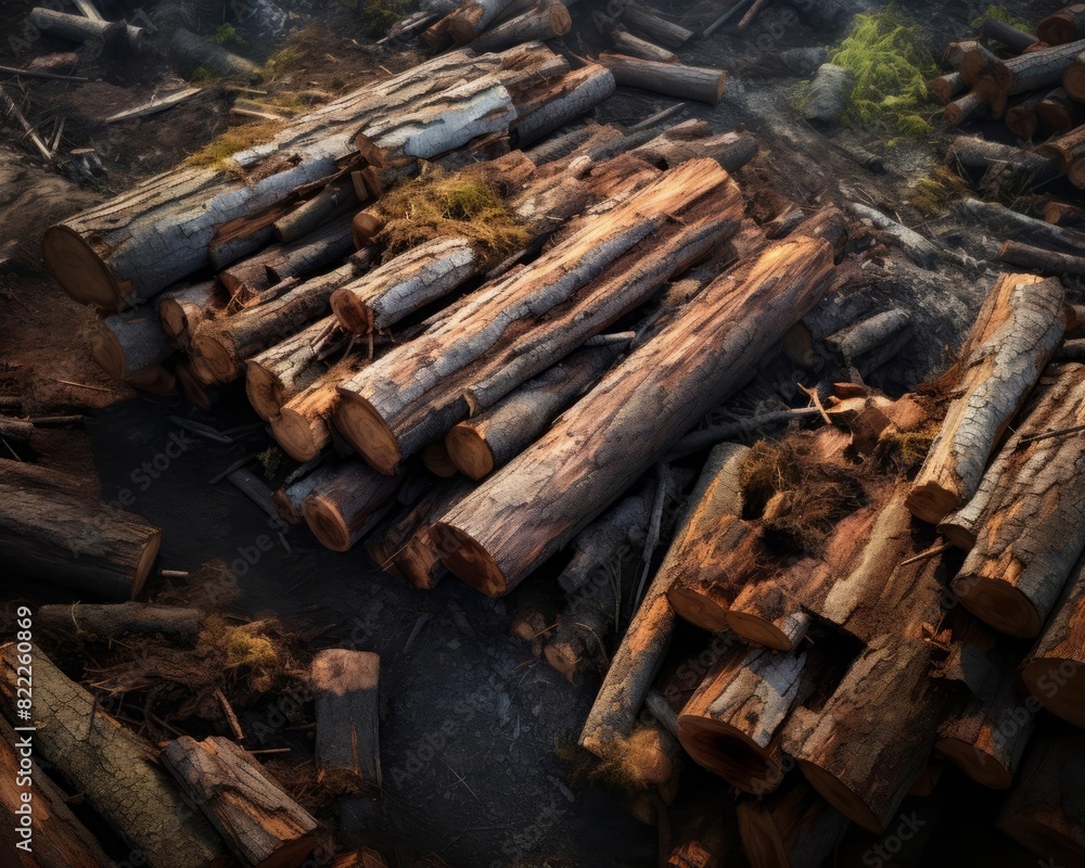 Aerial view of stacked logs in a deforested area close up, deforestation, realistic, Composite, Forest Aerial view of stacked logs in a deforested area close up, deforestation, realistic, Composite, Forest