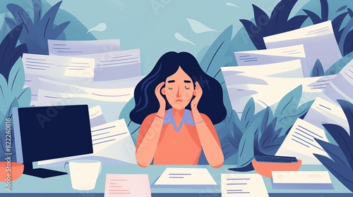 Illustration of a stressed woman sitting at a cluttered desk, surrounded by paperwork and using a laptop in a chaotic office environment.