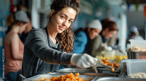 volunteers assisting individuals in need, serving meals at homeless shelter, offering emotional support to disaster survivors. Captures spirit of empathy in action, community members supporting,
