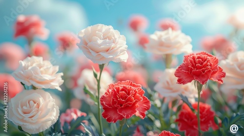 In the background of the sky, macrophotos of white roses and red carnations in the middle photo